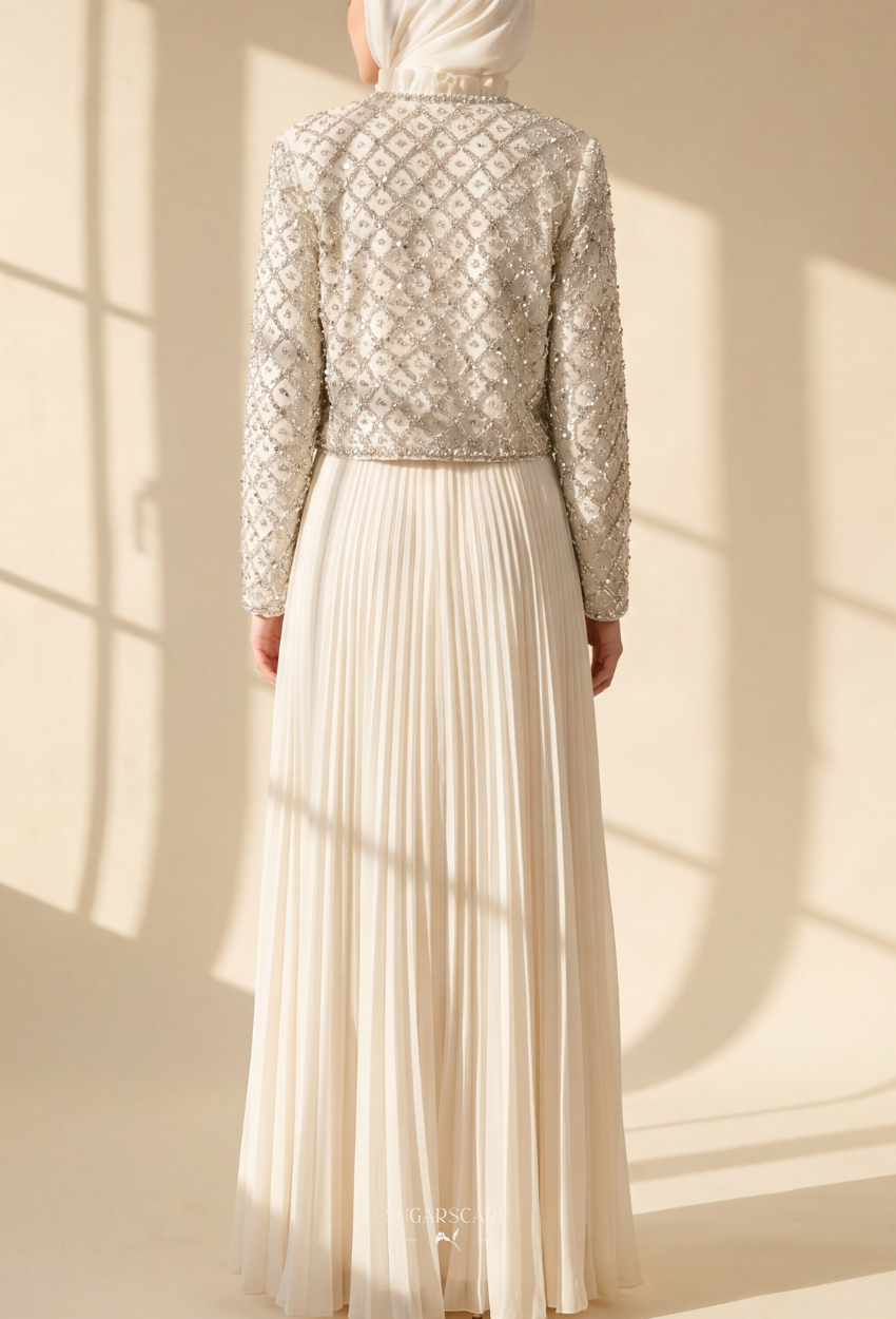 Gizelle 2-Piece Pleated Dress With Crystal Blazer In White
