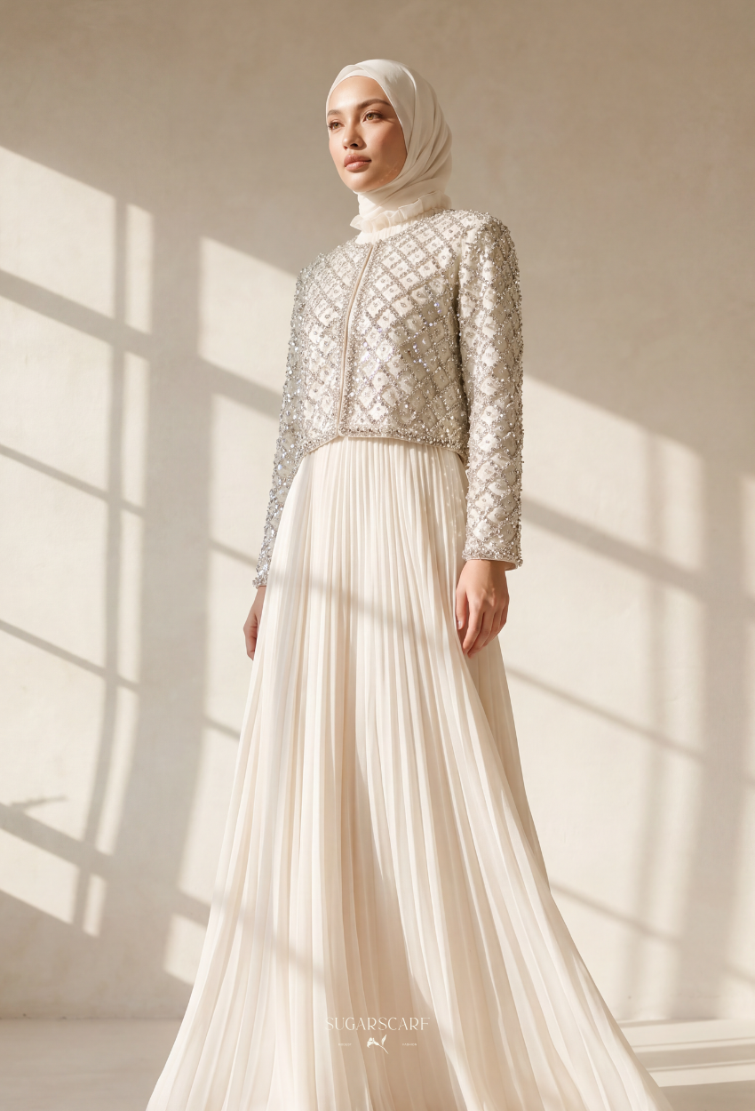 Gizelle 2-Piece Pleated Dress With Crystal Blazer In White