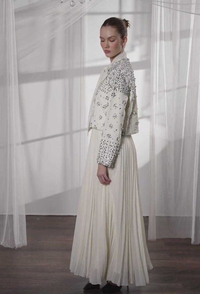 Elara 2-Piece Pleated Dress With Crystal Blazer In Cream