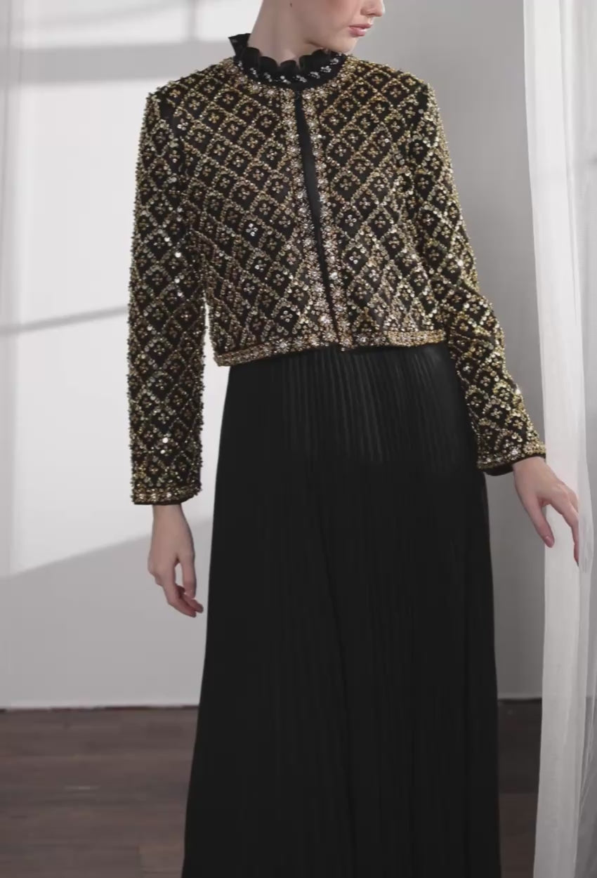 Gizelle 2-Piece Pleated Dress With Crystal Blazer In Golden