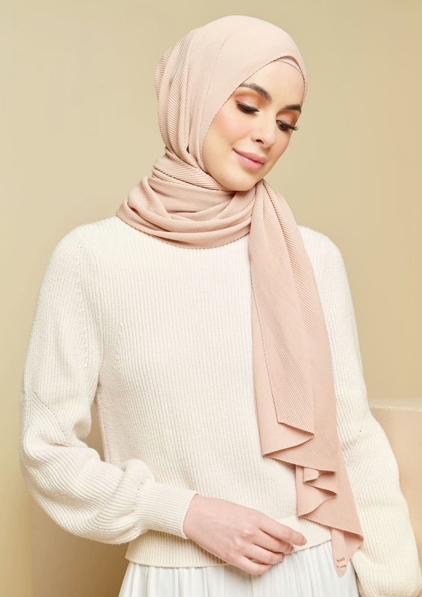 Breeze Plain Wide Full Pleats Shawl In Sand Beige