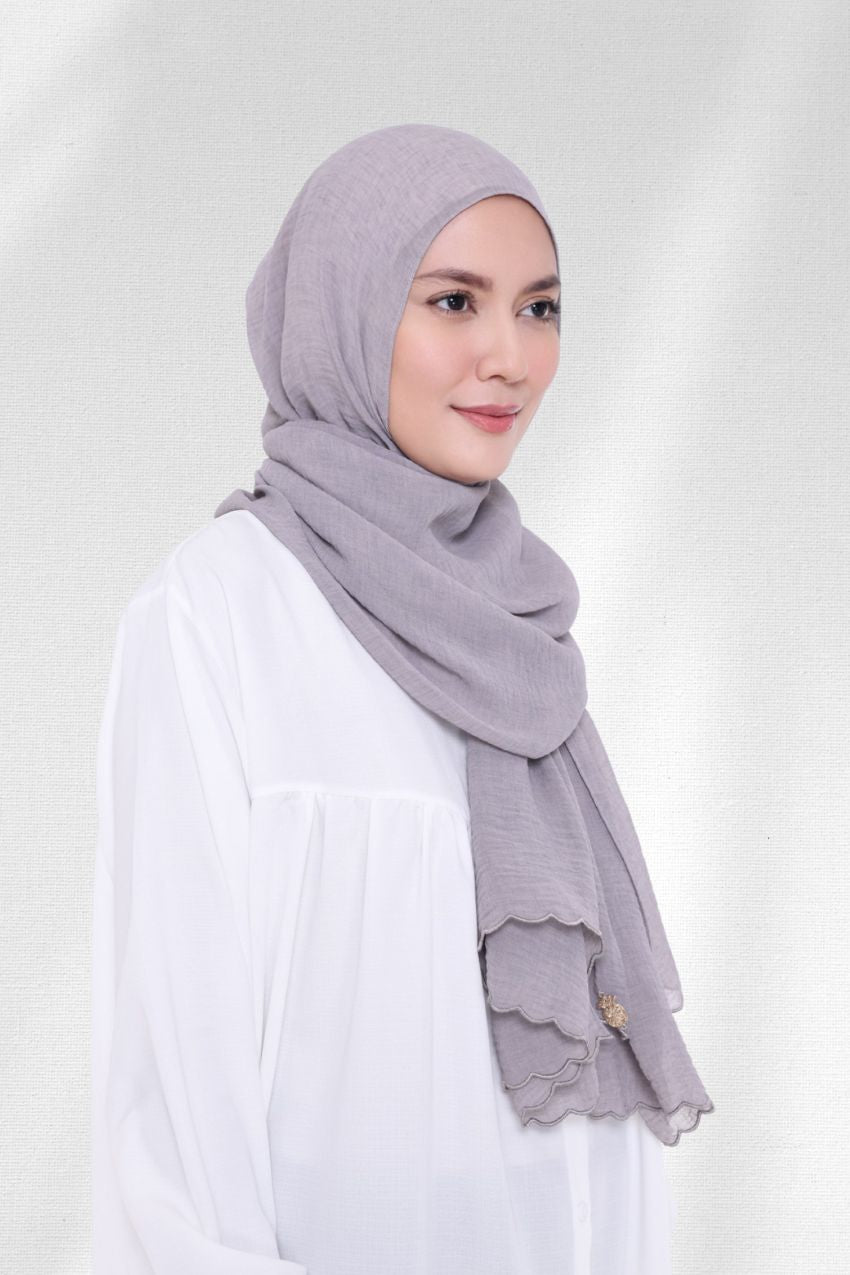 YES DEFECT - ( Shawl ) Saloma Embroidery Mixed Cotton Chiffon - Platinum