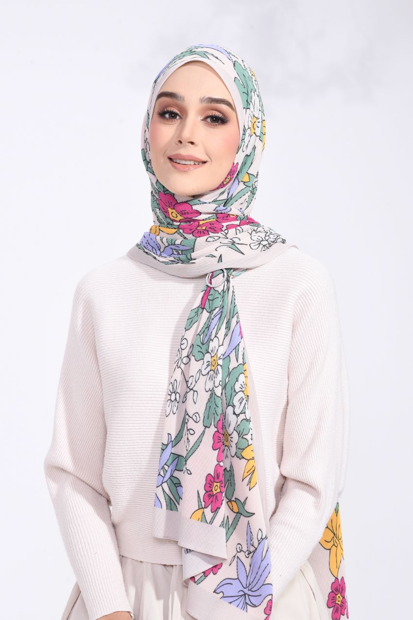 (SAMPLE) ( Full Wide Pleats Shawl ) Wild Blooms ( Balqis )