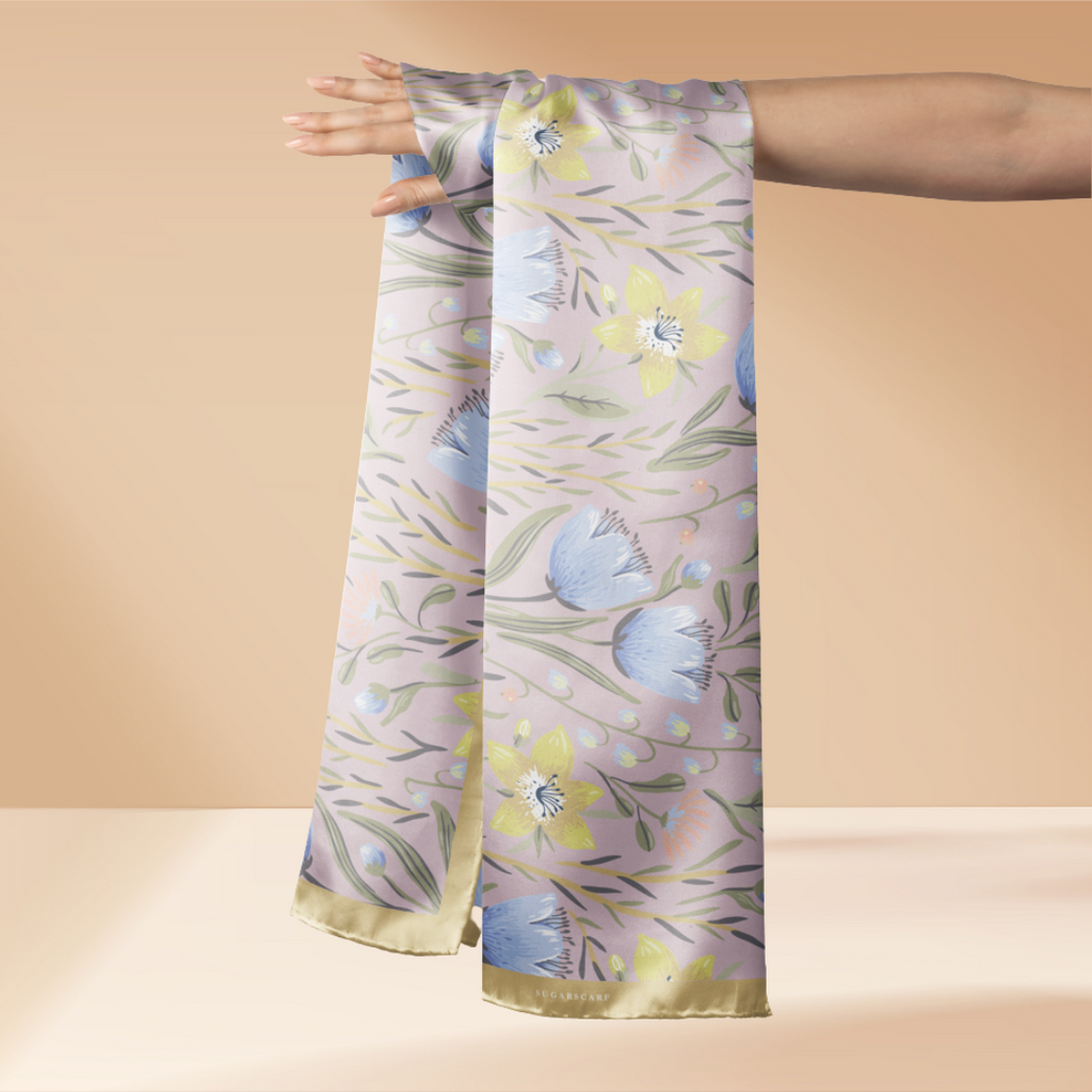 YES ( Long Scarf ) Abstract x Bloom Mixed Satin Silk ( Golden Gate )