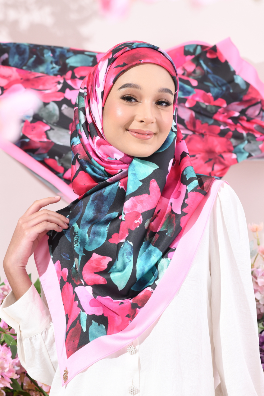 YES DEFECT ( Square ) Soulful Bloom Mixed Silk Satin Scarf ( Eryana )