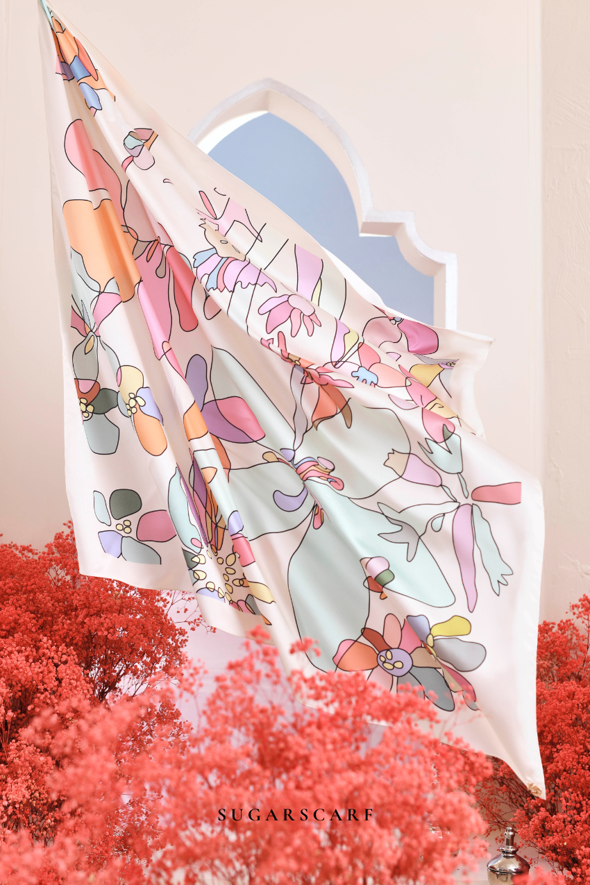 YES DEFECT - ( Square ) Garden of Hurrem Bloom Mixed Silk Satin Scarf ( ALARA )