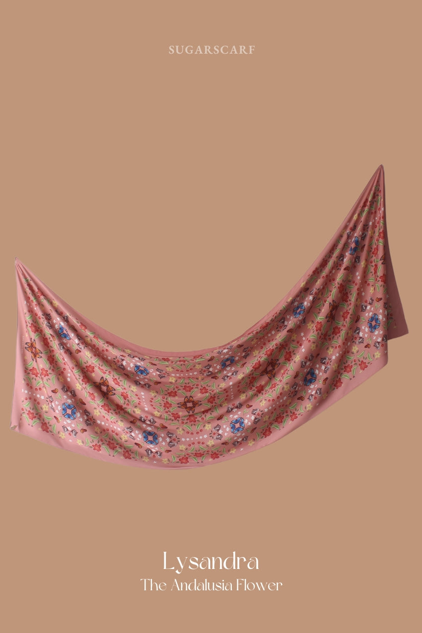 YES DEFECT- ( Long Shawl ) Andalusia Flower Mixed Satin Silk ( LYSANDRA )