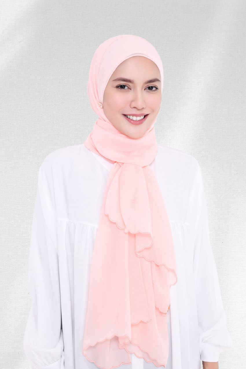 ( Shawl ) Saloma Embroidery Mixed Cotton Chiffon - Peach Cotton Candy