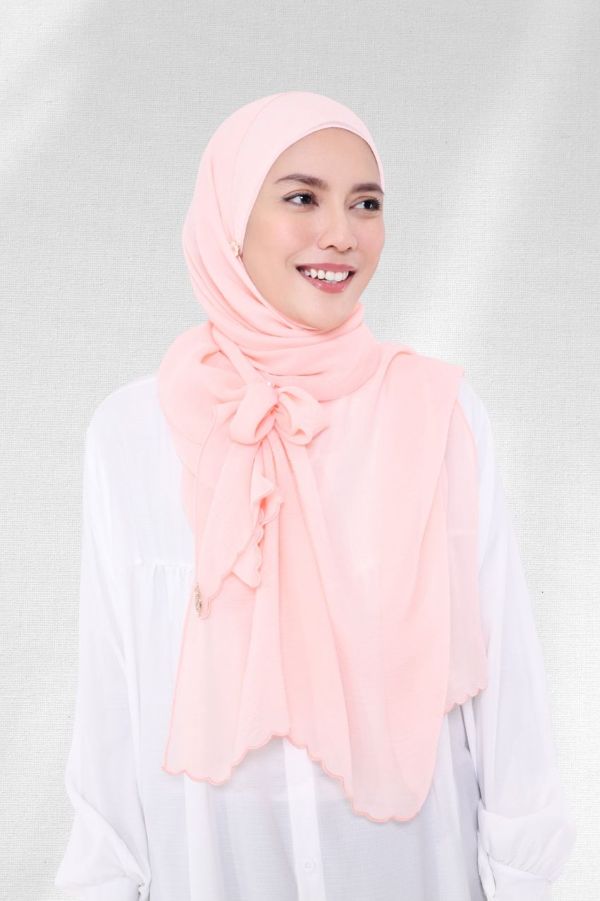 ( Shawl ) Saloma Embroidery Mixed Cotton Chiffon - Peach Cotton Candy