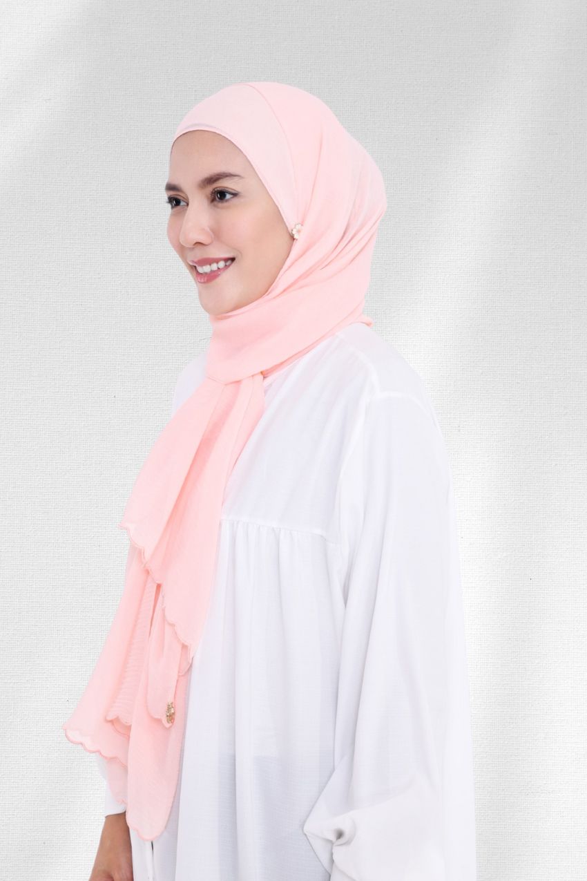 ( Shawl ) Saloma Embroidery Mixed Cotton Chiffon - Peach Cotton Candy