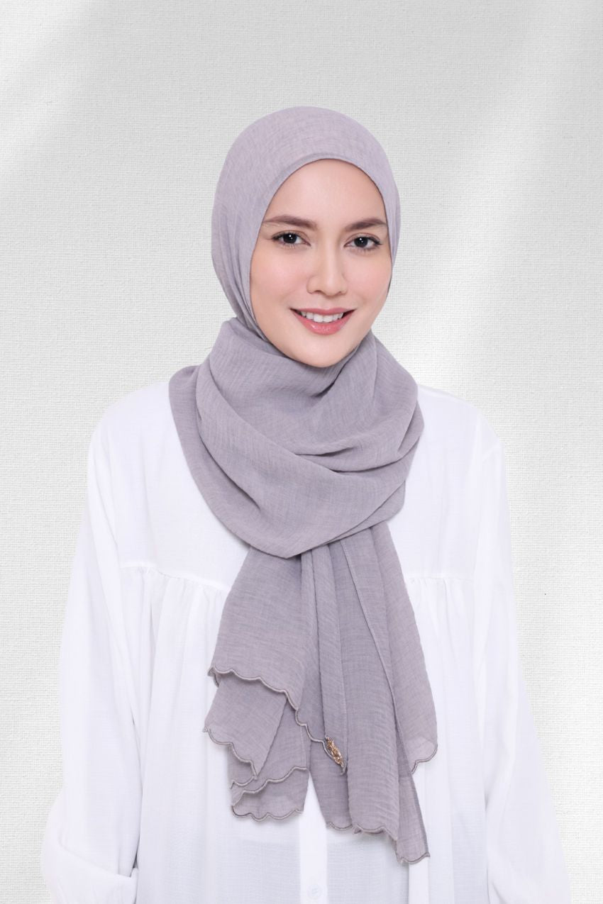 YES DEFECT - ( Shawl ) Saloma Embroidery Mixed Cotton Chiffon - Platinum