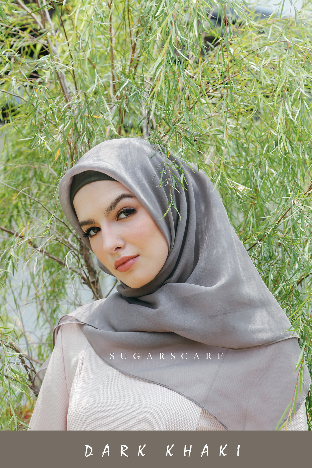 Sugarscarf Claudia Voile / Bawal Monogran Instant Tie Back Free Size ( Dark Khaki With Green Inner )