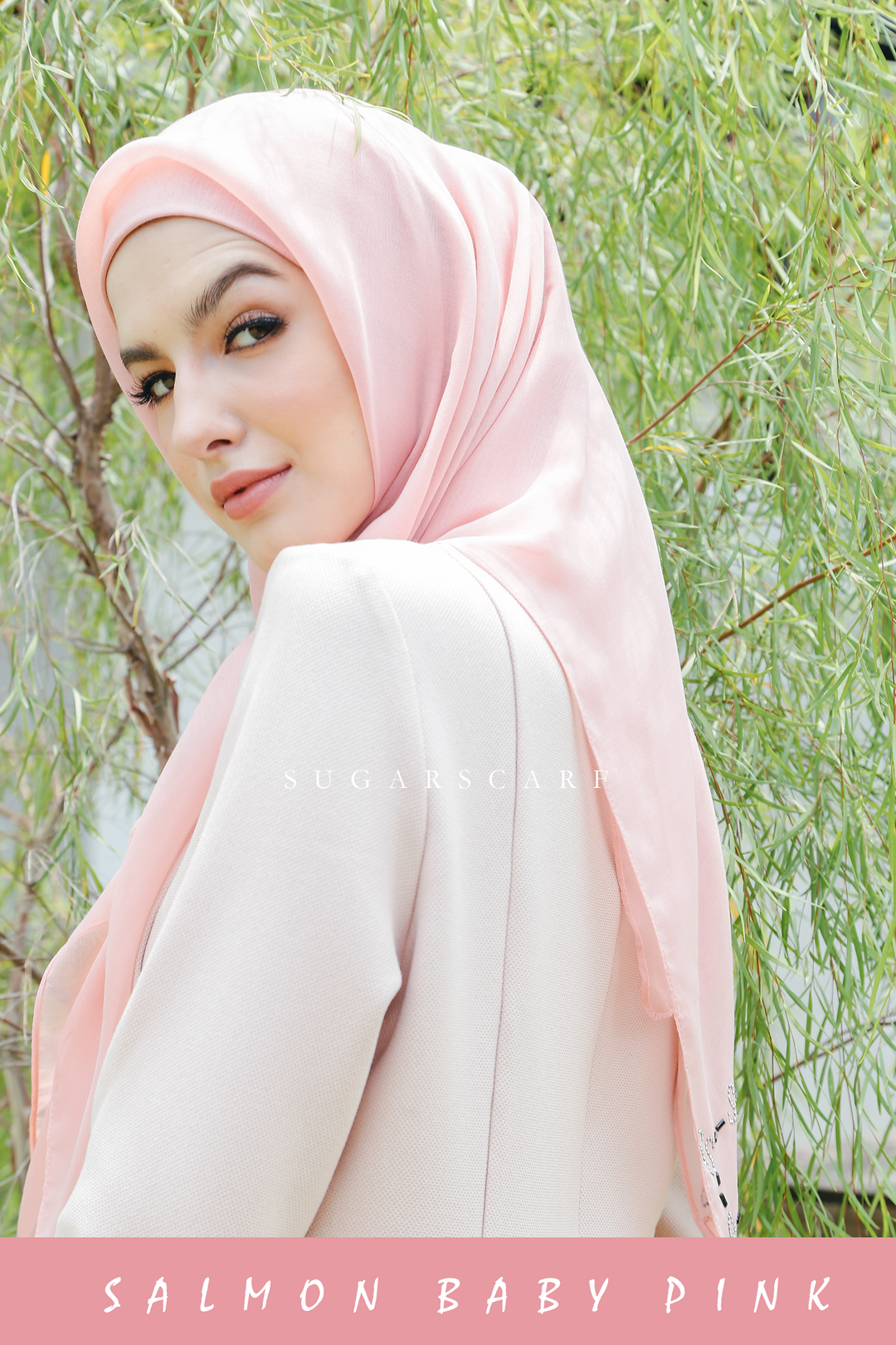 Sugarscarf Claudia Voile / Bawal Monogram Instant Tie Back Free Size ( Salmon Baby Pink )